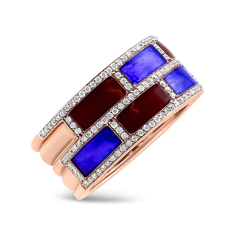 18K Rose Gold Alternating Red and Blue Enamel and 1/2 Cttw Diamond Studded Band Ring (F-G Color, VS1-VS2 Clarity)