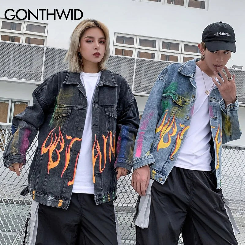 Rainbow Graffiti Fire Flame Print Denim Jacket