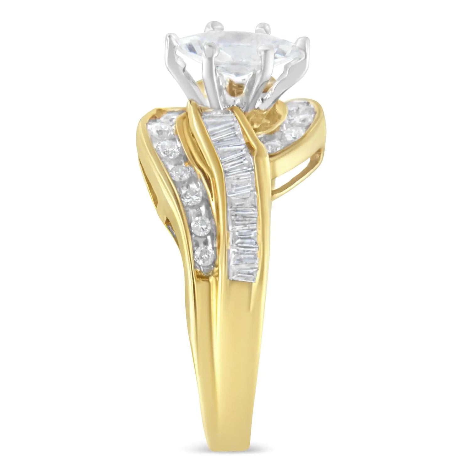 14KT Two-Toned Gold Marquise, Baguette and Round Cut Diamond Bypass Ring (1 cttw, H-I Color, SI1-SI2 Clarity) ()