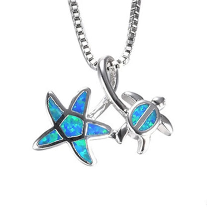 Full Blue Imitati Opal Sea Turtle Pendant Necklace