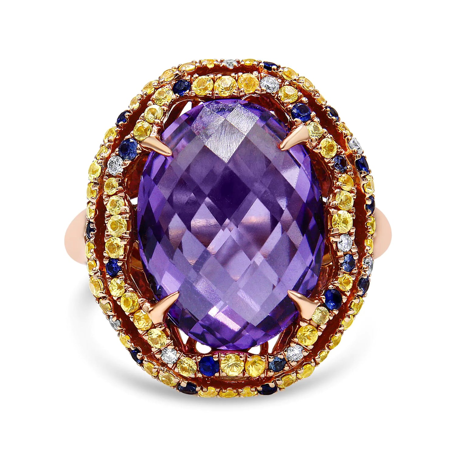 18K Yellow and Rose Gold Claw Prong Set Checkerboard Cut Purple Amethyst, Blue &amp; Yellow Sapphire, Diamond Accent Cocktail Ring Band (F-G Color, VS1-VS2 Clarity)