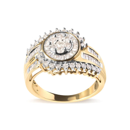 10K Yellow Gold 1 Cttw Round and Baguette cut Diamond Cluster Swirl Band Ring (H-I Color, I1-I2 Clarity)