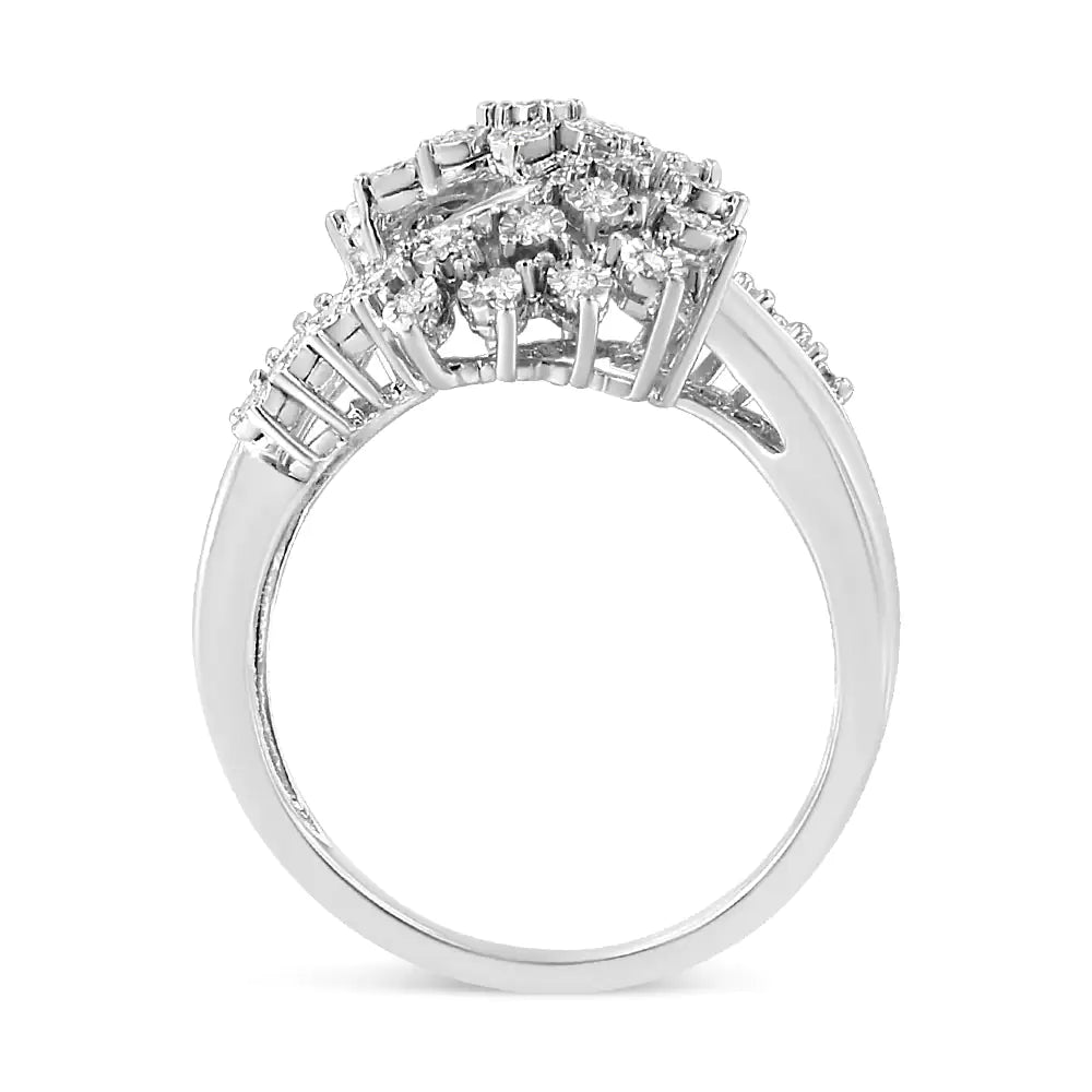 10K White Gold 1/2 Cttw Round and Baguette-Cut &quot;S&quot; Shaped Bypass Cocktail Ring (I-J Color, I1-I2 Clarity)