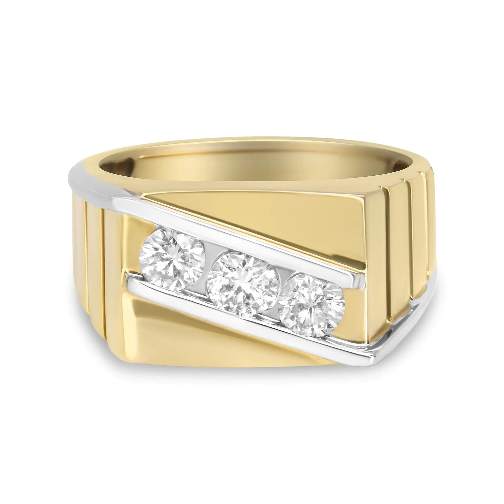 Gents 14K Yellow and White Gold 1.00 Cttw Channel Set Round-Cut Diamond 3 Stone Band Ring (G-H Color, SI1-SI2 Clarity)