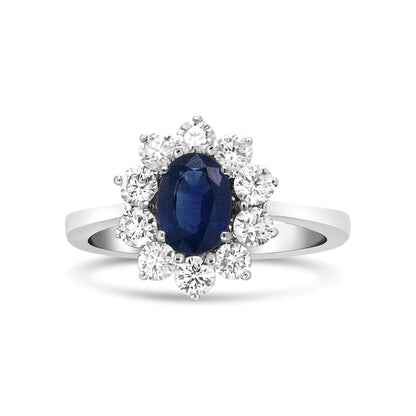 18K White Gold 7x5 mm Oval Cut Blue Sapphire and Round Diamond 3/4 Cttw Sunburst Halo Ring (F-G Color, VS1-VS2 Clarity)