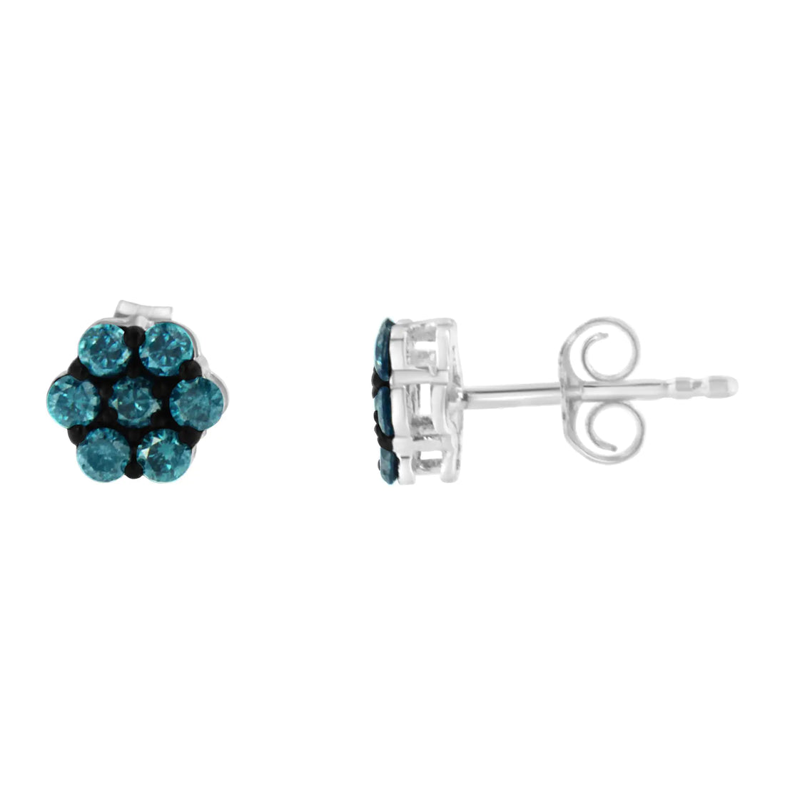 Sterling Silver Treated Blue Diamond Floral Stud Earrings (0.5 cttw, Blue Color, I2-I3 Clarity)