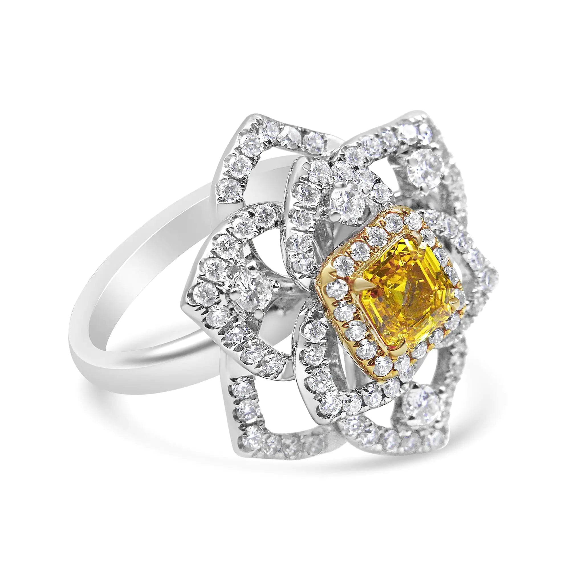 18K White and Yellow Gold 1.75 Cttw Yellow Asscher Lab Grown Center Diamond Floral Cluster Ring (Yellow/G-H Color, VS1-VS2 Clarity)