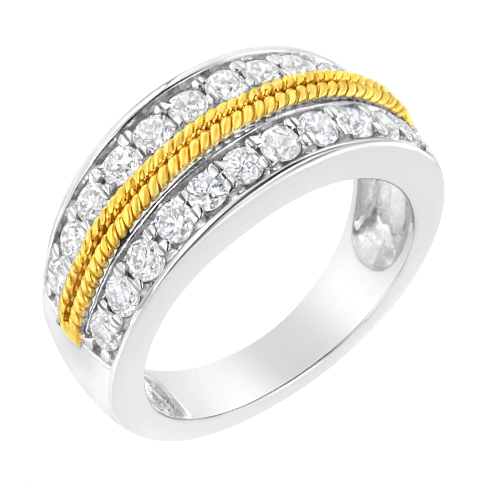 10k Yellow and White Gold Plated Sterling Silver 1 cttw Lab Grown Diamond 2 Row Band Ring (F-G Color, VS2-SI1 Clarity)