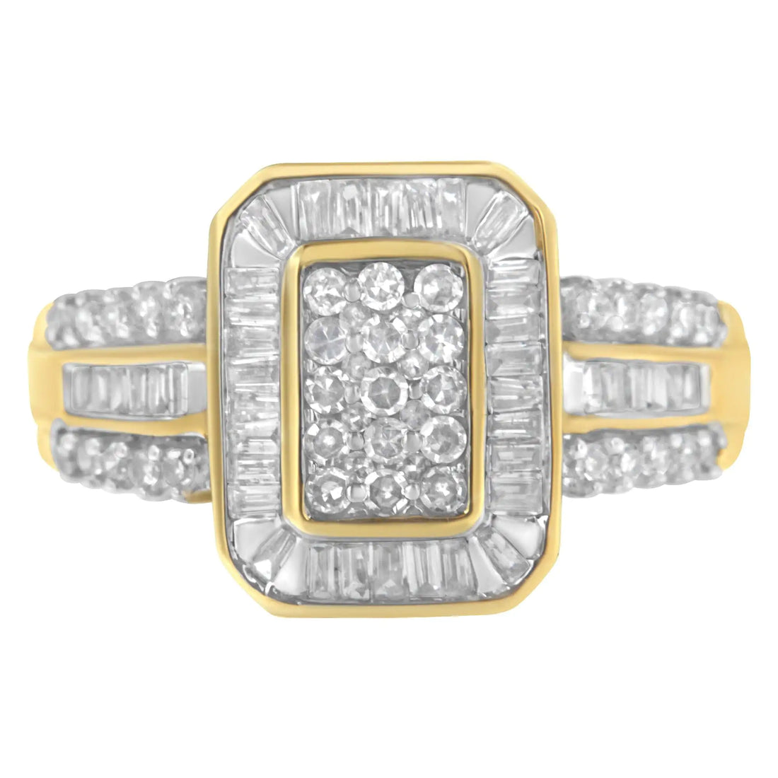 10K Yellow Gold Round and Baguette-Cut Diamond Cluster Ring (1.0 Cttw, I-J Color, SI1-SI2 Clarity)