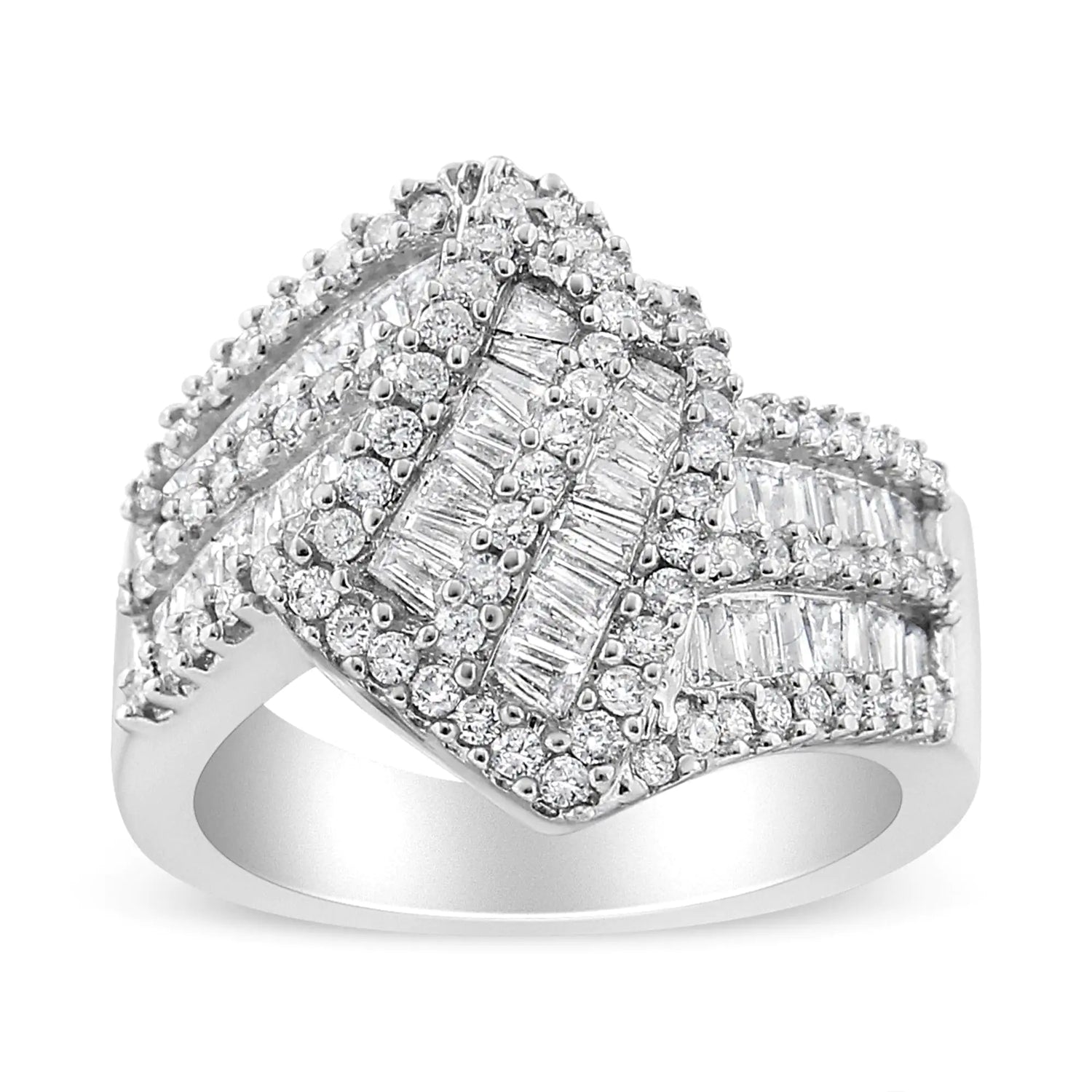 14K White Gold 1-1/2 Cttw Round and Baguette Diamond Bypass Cocktail Ring Band (H-I Color, SI1-SI2 Clarity)