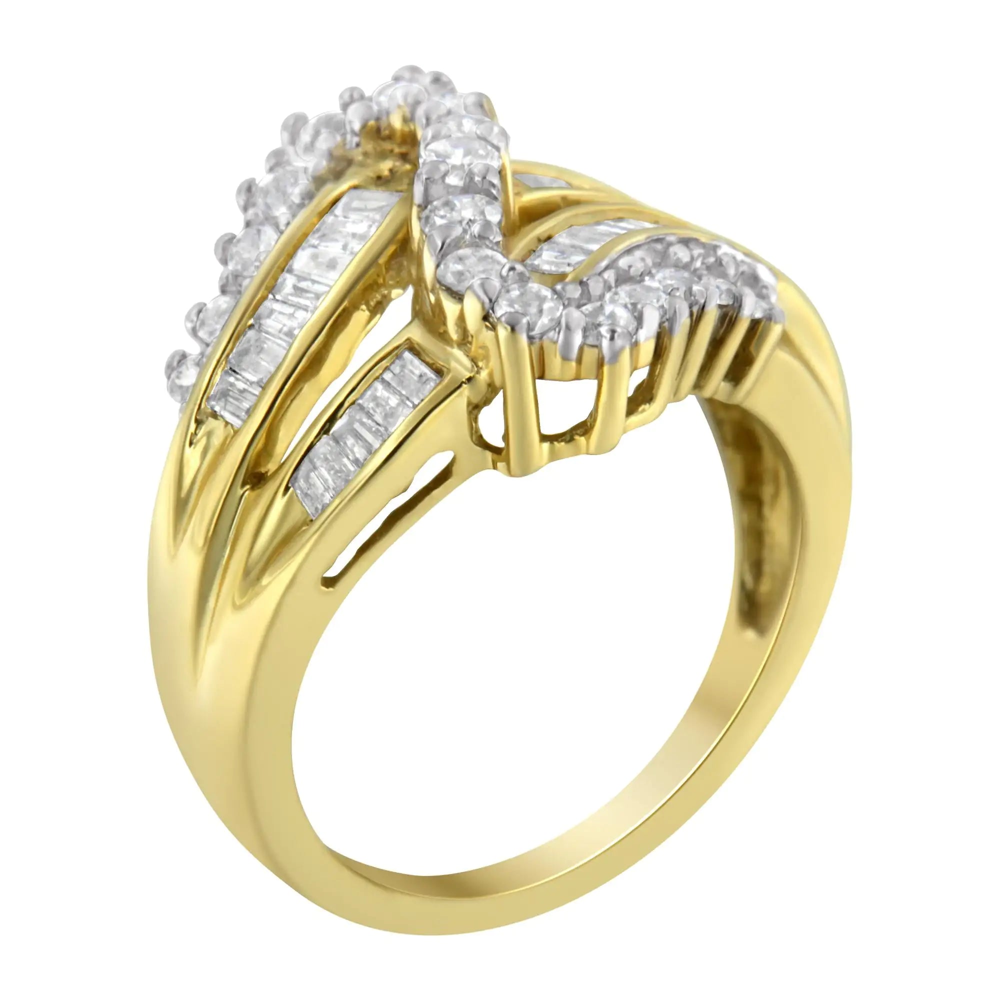 10K Yellow Gold Round and Baguette Cut Diamond Bypass Ring (1 Cttw, J-K Color, I2-I3 Clarity)