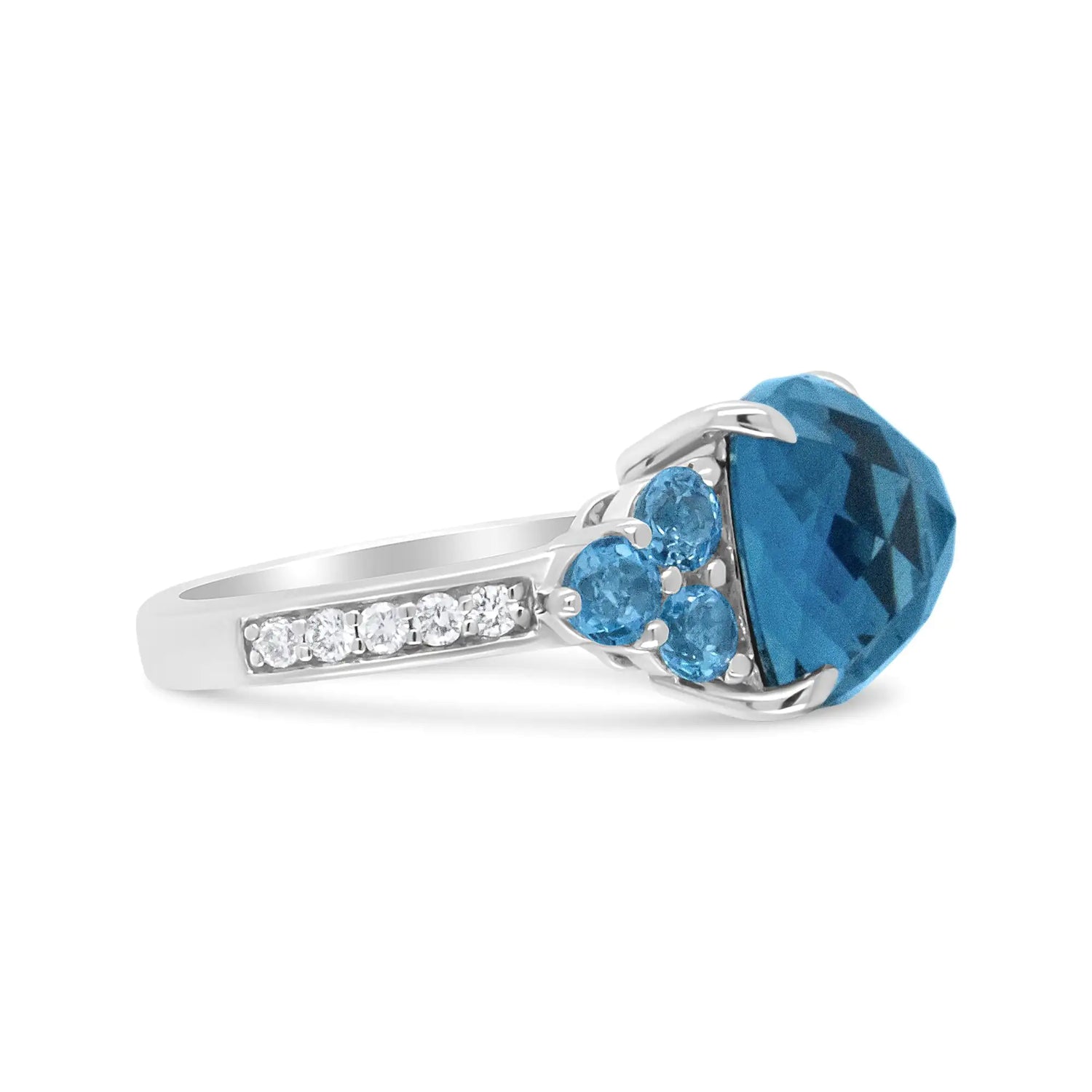 18K White Gold 10mm Cushion Shaped Blue Topaz and 1/6 Cttw Diamond 3 Stone Style Ring (F-G Color, VS1-VS2 Clarity)