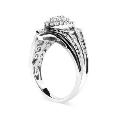 14K White Gold 3/4 Cttw Round and Baguette cut Diamond Cluster Ring (H-I Color, I1-I2 Clarity)