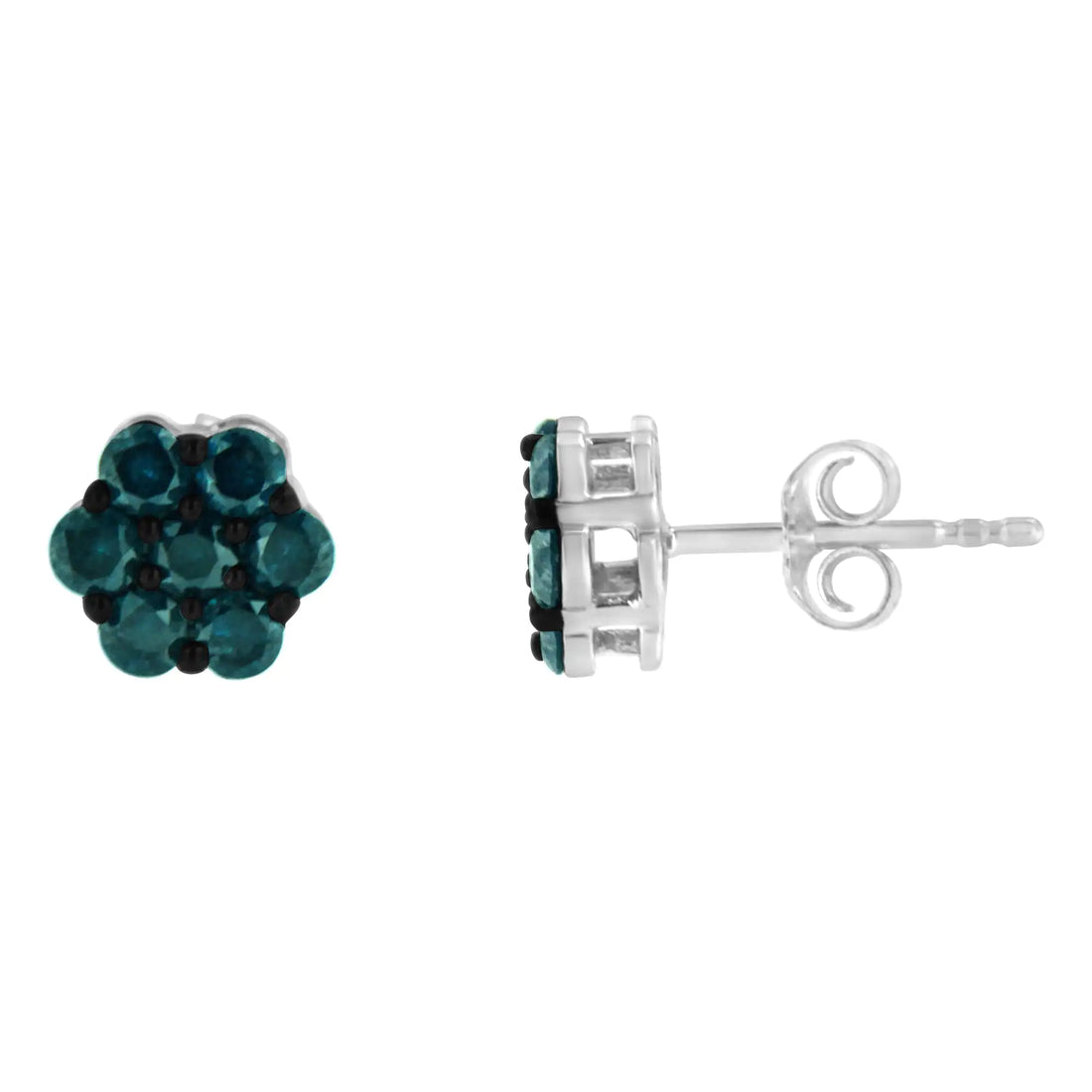 Sterling Silver Treated Blue Diamond Floral Stud Earrings (1 cttw, Blue Color, I2-I3 Clarity)