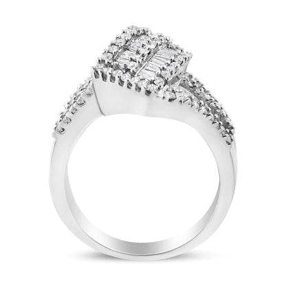 14K White Gold 1-1/2 Cttw Round and Baguette Diamond Bypass Cocktail Ring Band (H-I Color, SI1-SI2 Clarity)