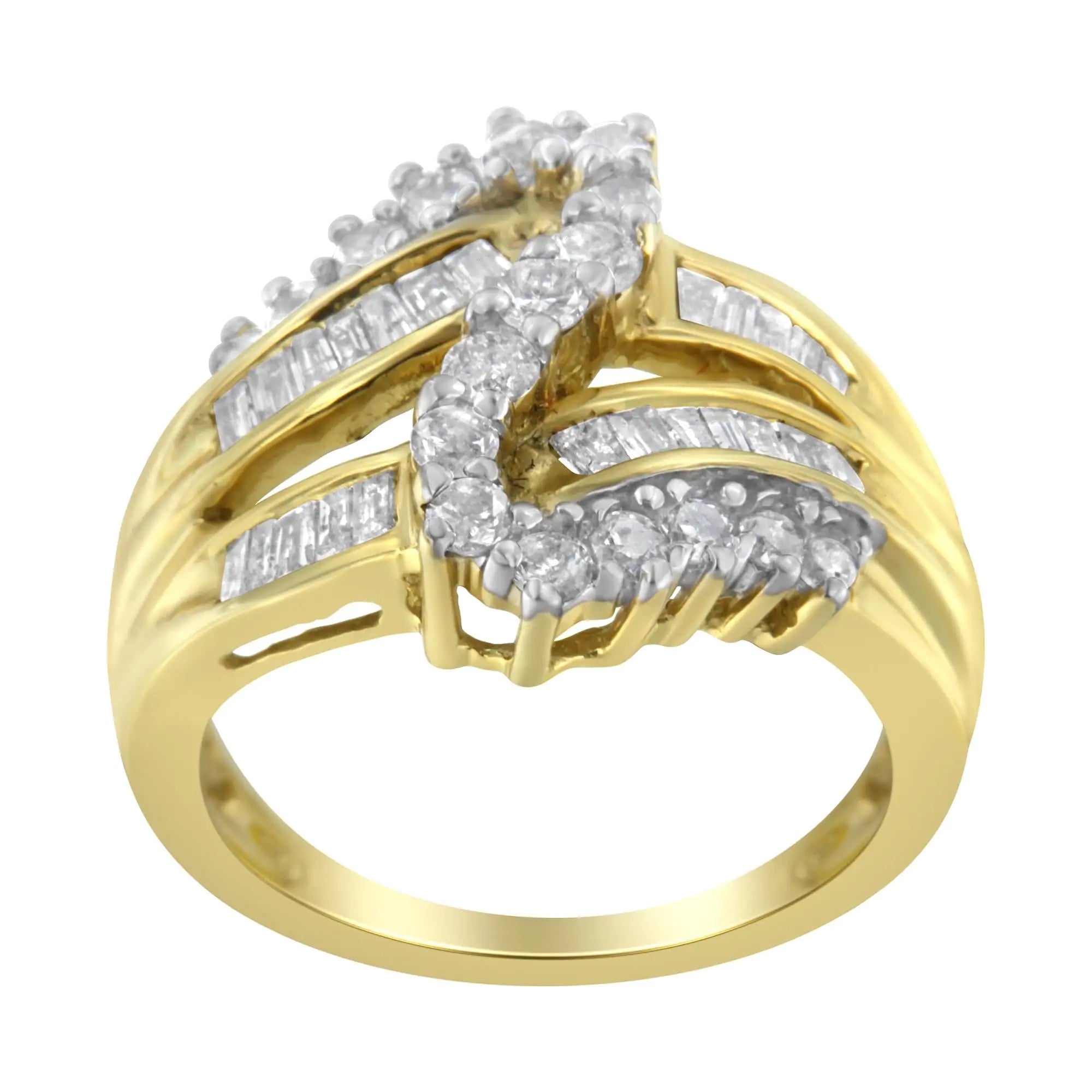 10K Yellow Gold Round and Baguette Cut Diamond Bypass Ring (1 Cttw, J-K Color, I2-I3 Clarity)