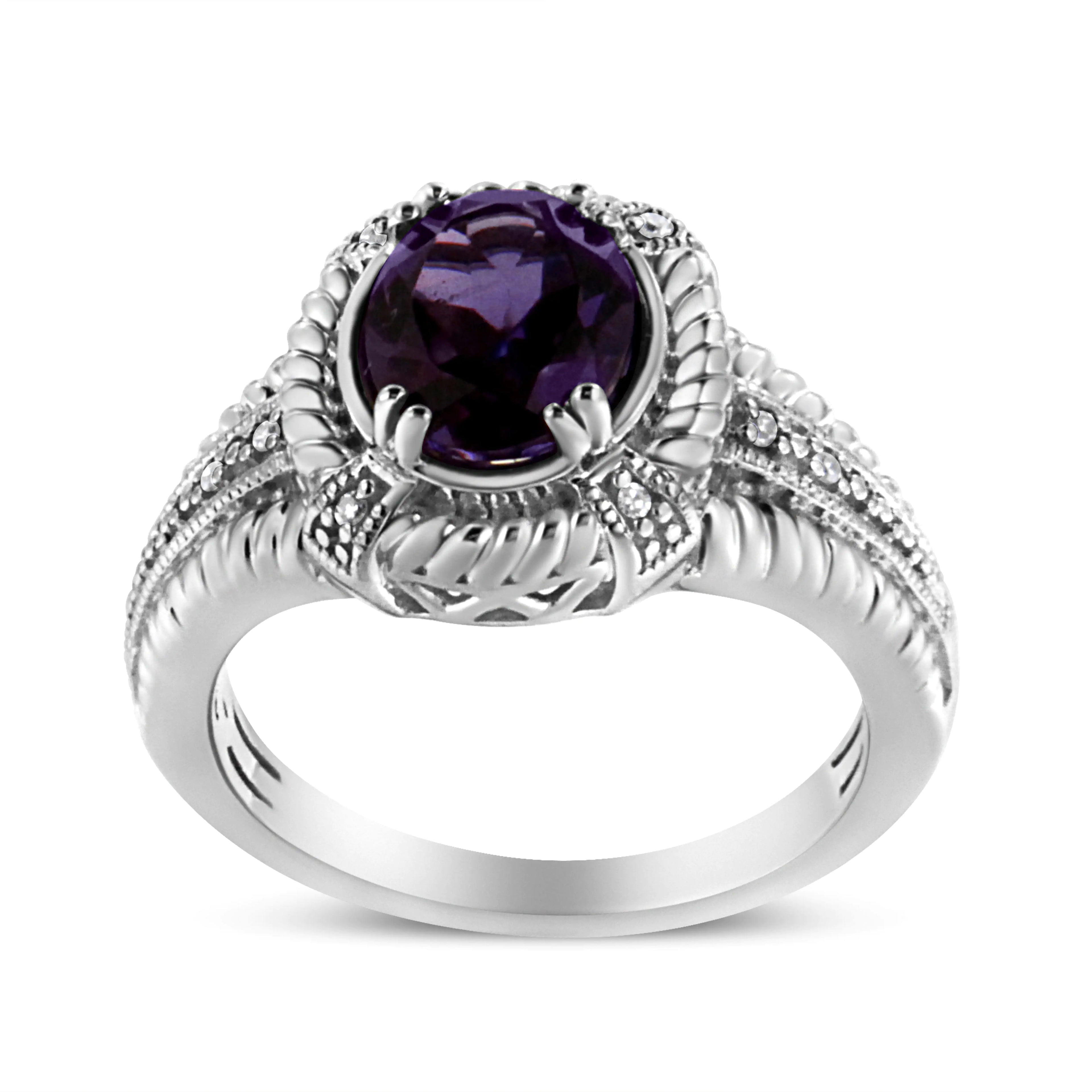 .925 Sterling Silver Prong Set Natural Oval Shape 9X7 MM Purple Amethyst Solitaire and Diamond Accent Ring (I-J Color, I1-I2 Clarity)