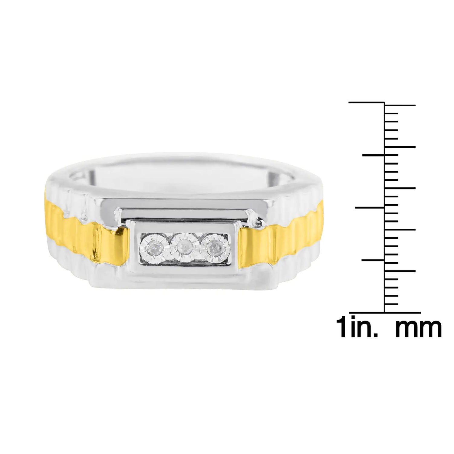 10K Yellow Gold Plated .925 Sterling Silver Diamond Accent Miracle-Set 3 Stone Ridged Band Gentlemen&