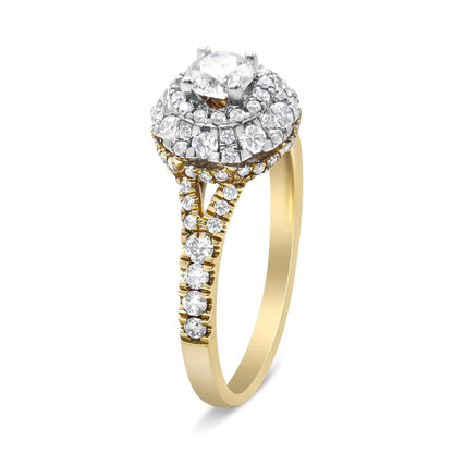 14K Yellow and White Gold 1.00 Cttw Split Shank Halo Floral Diamond Engagement Ring ( I-J Color, I1-I2 Clarity)