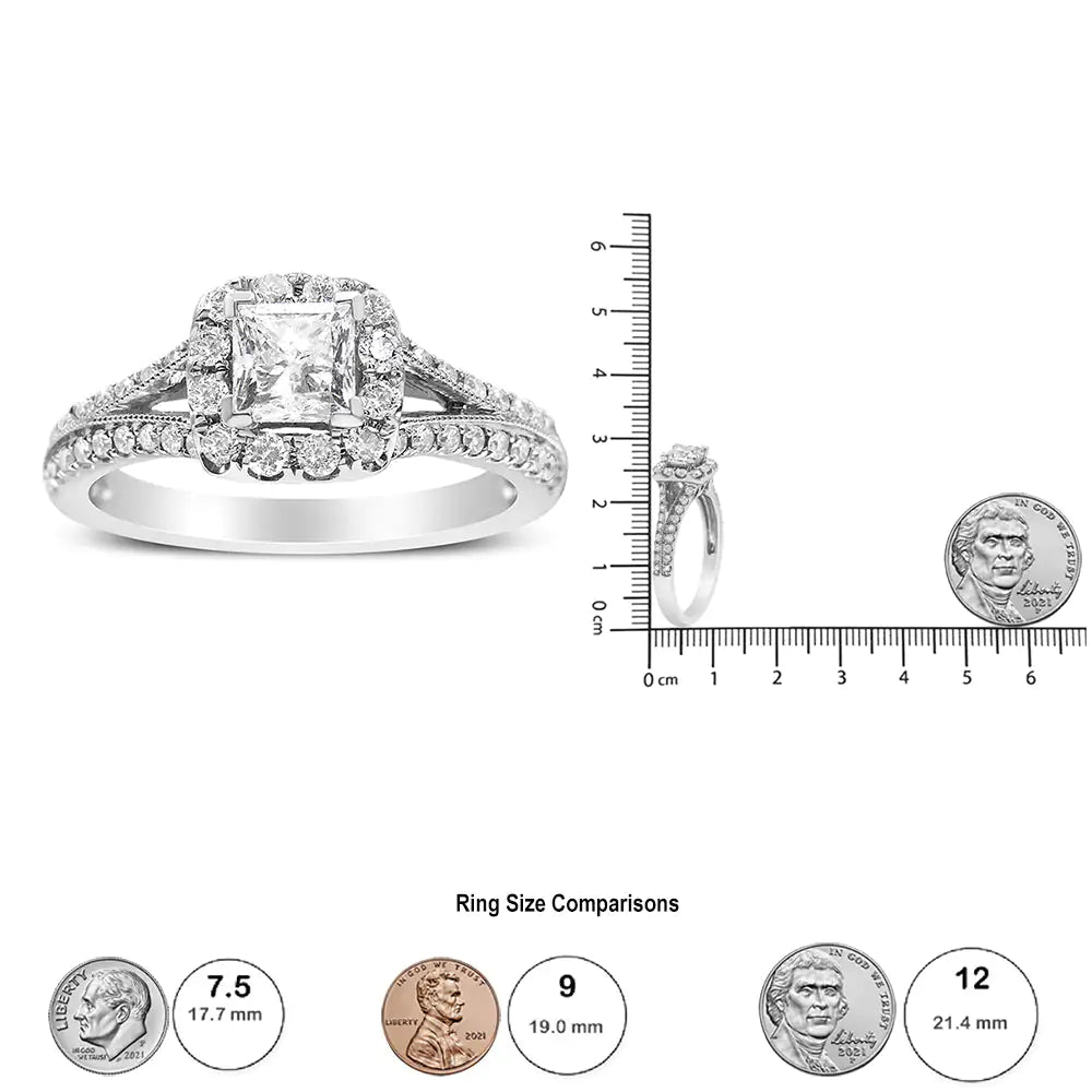 14K White Gold 1.15 Cttw Princess Diamond Center Engagement Ring with Split Shank (H-I Color, I1-I2 Clarity)