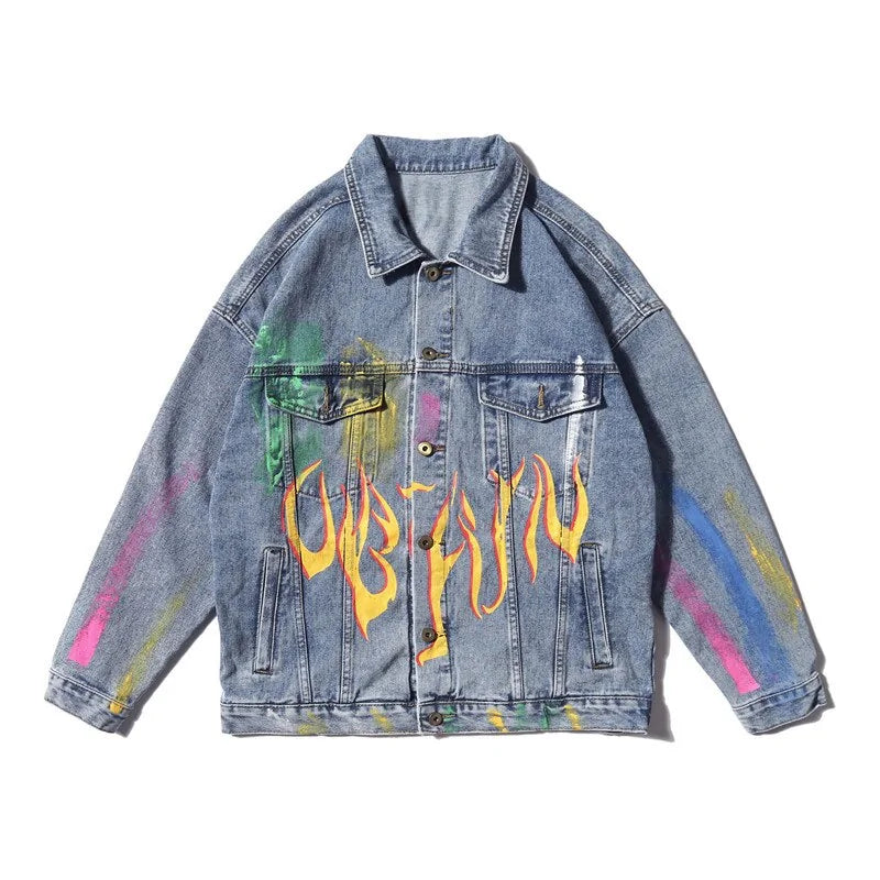 Rainbow Graffiti Fire Flame Print Denim Jacket