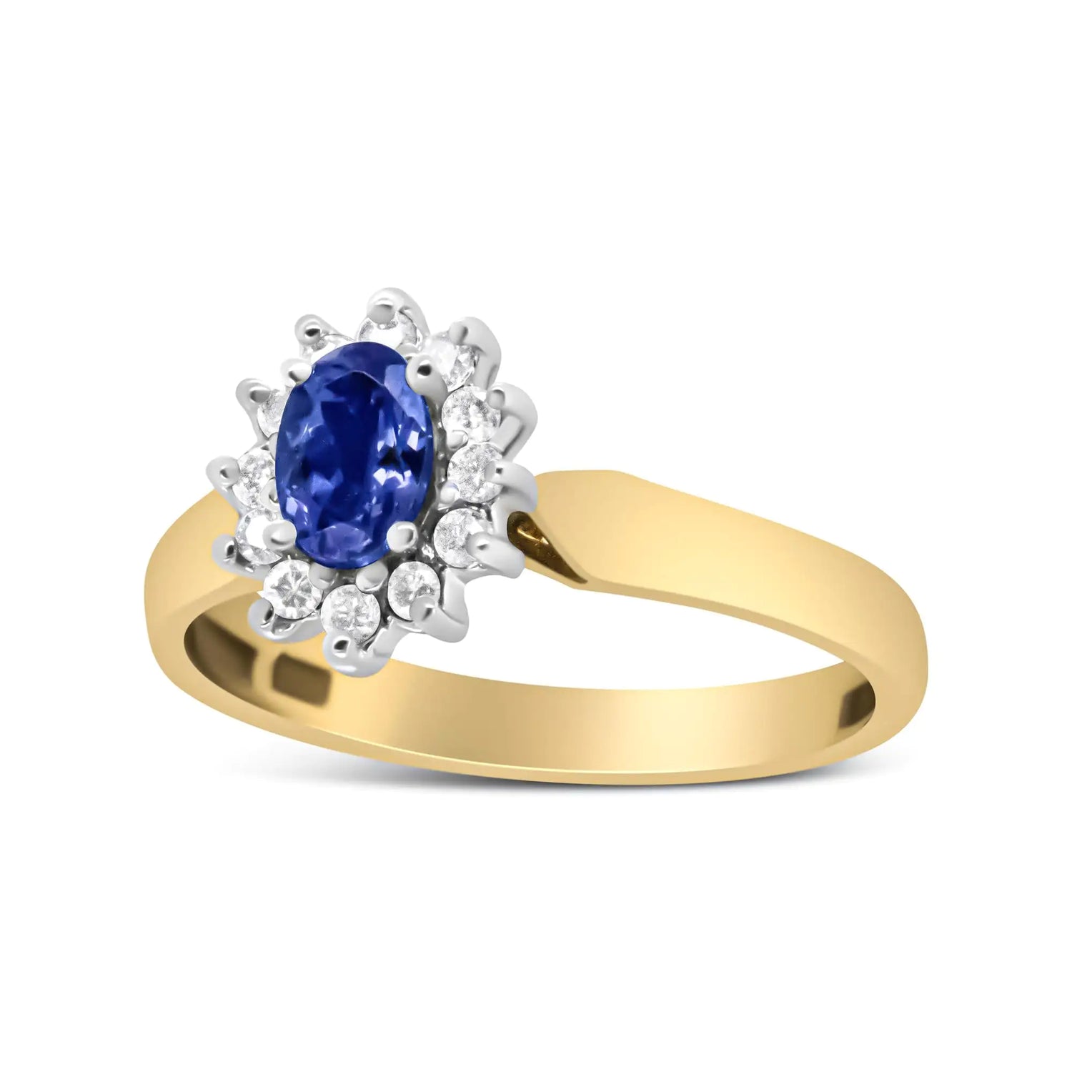 14K Yellow Gold 1/5 Cttw Round Diamond and 6x4mm Oval Blue Tanzanite Halo Ring (H-I Color, I1-I2 Clarity)