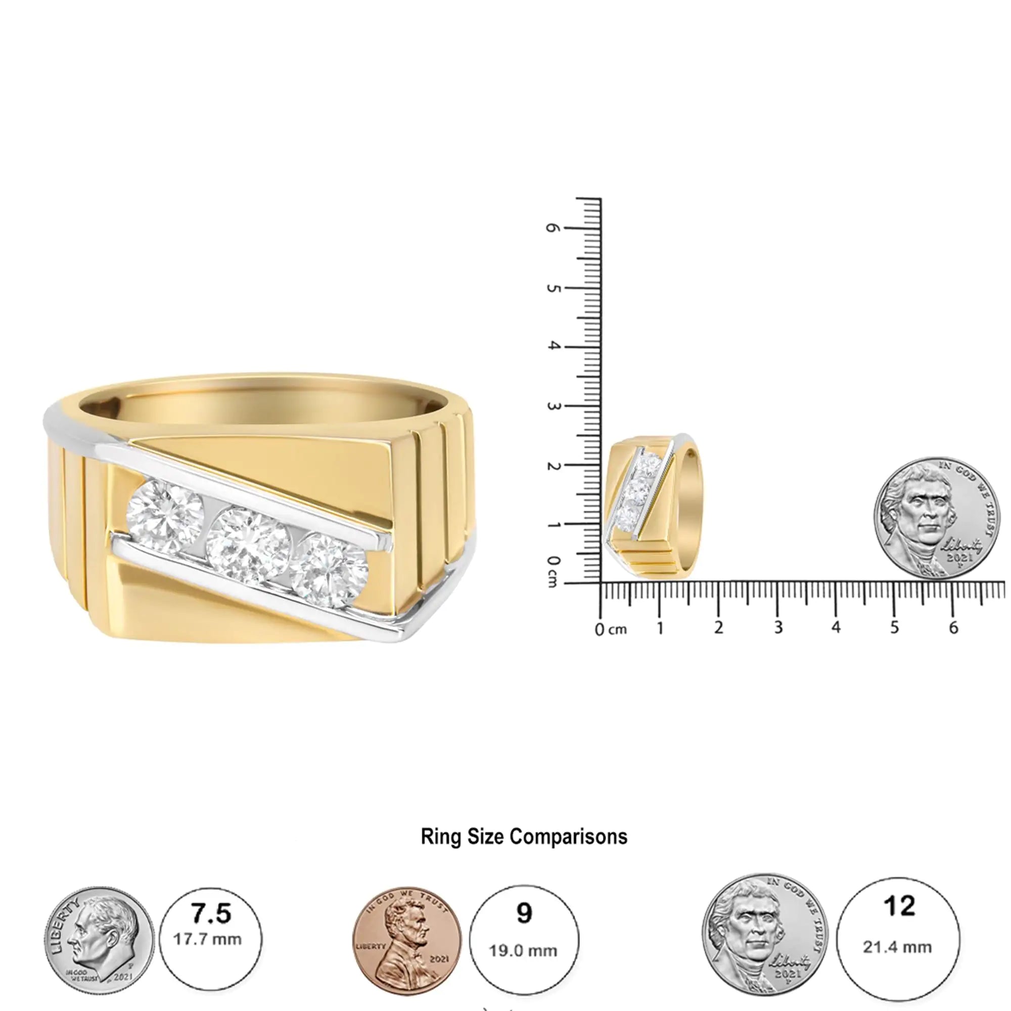 Gents 14K Yellow and White Gold 1.00 Cttw Channel Set Round-Cut Diamond 3 Stone Band Ring (G-H Color, SI1-SI2 Clarity)