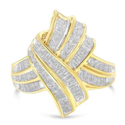 10K Yellow Gold Plated .925 Sterling Silver 1.0 Cttw Round &amp; Baguette Diamond Knot Channel Statement Ring (I-J Color, I2-I3 Clarity)