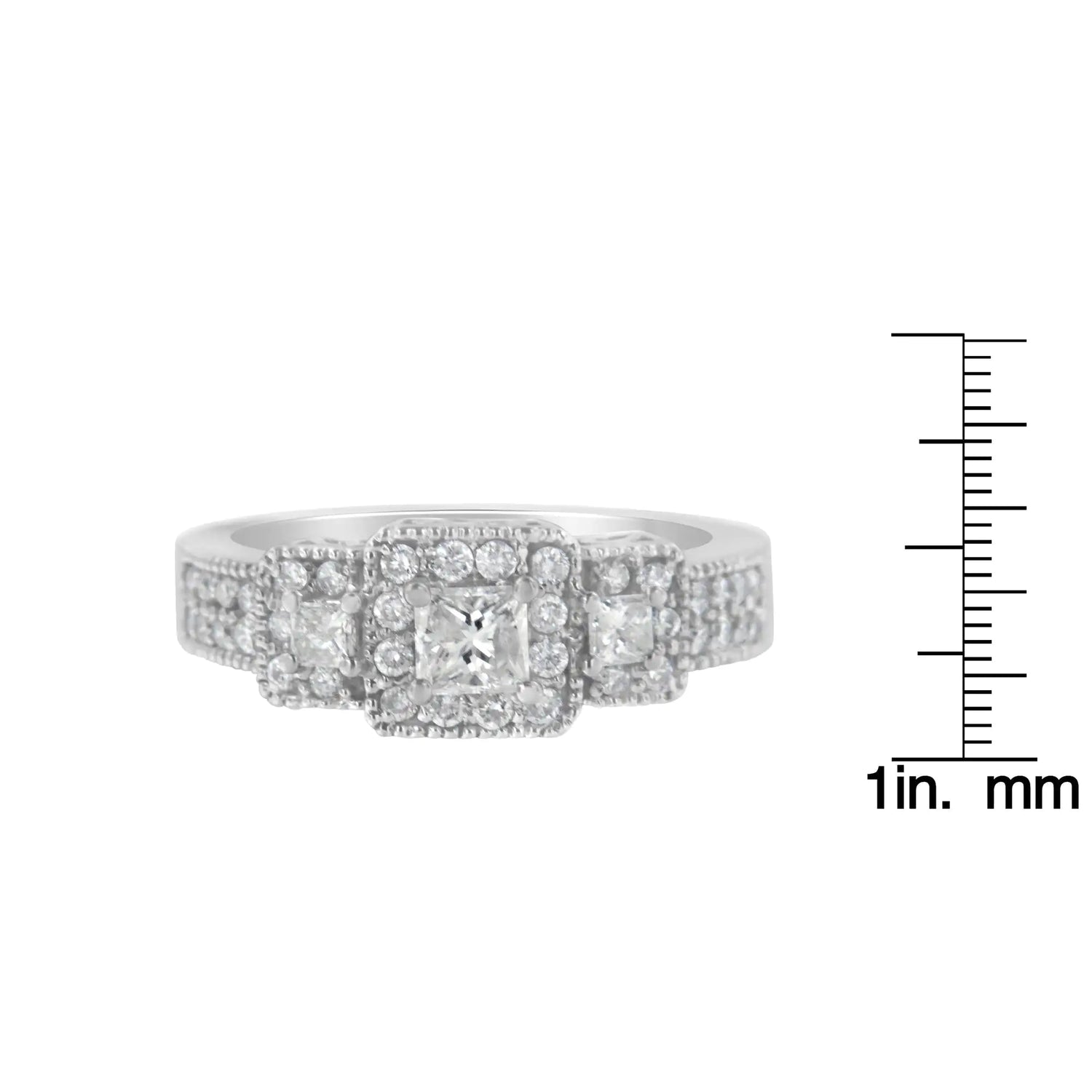 14K White Gold Round and Princess-Cut Diamond Three Stone Ring (1 Cttw, H-I Color, I1-I2 Clarity)