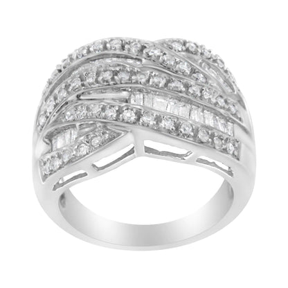 .925 Sterling Silver 1.0 Cttw Channel Set Alternating Round and Baguette Diamond Cross-over Bypass Ring Band (I-J Color, I2-I3 Clarity)