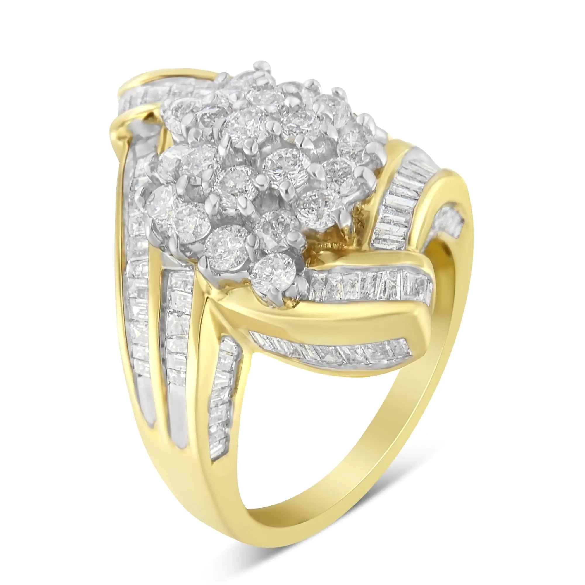 10K Yellow Gold Round and Baguette Diamond Crossover Cluster Ring (3 Cttw, I-J Color, I1-I2 Clarity)