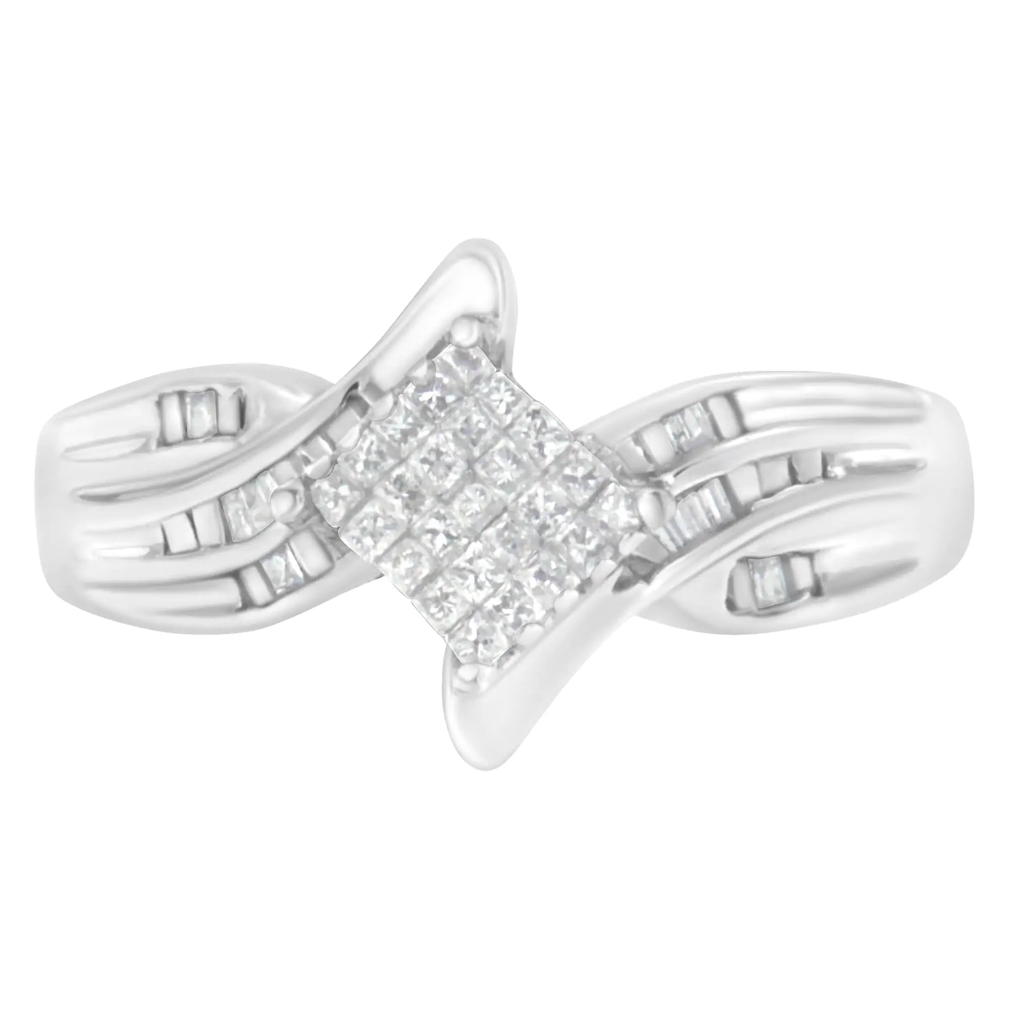 10K White Gold 1/3 Cttw Princess and Baguette Cut Diamond Bypass Style Cocktail Ring (I-J Color, I1-I2 Clarity)