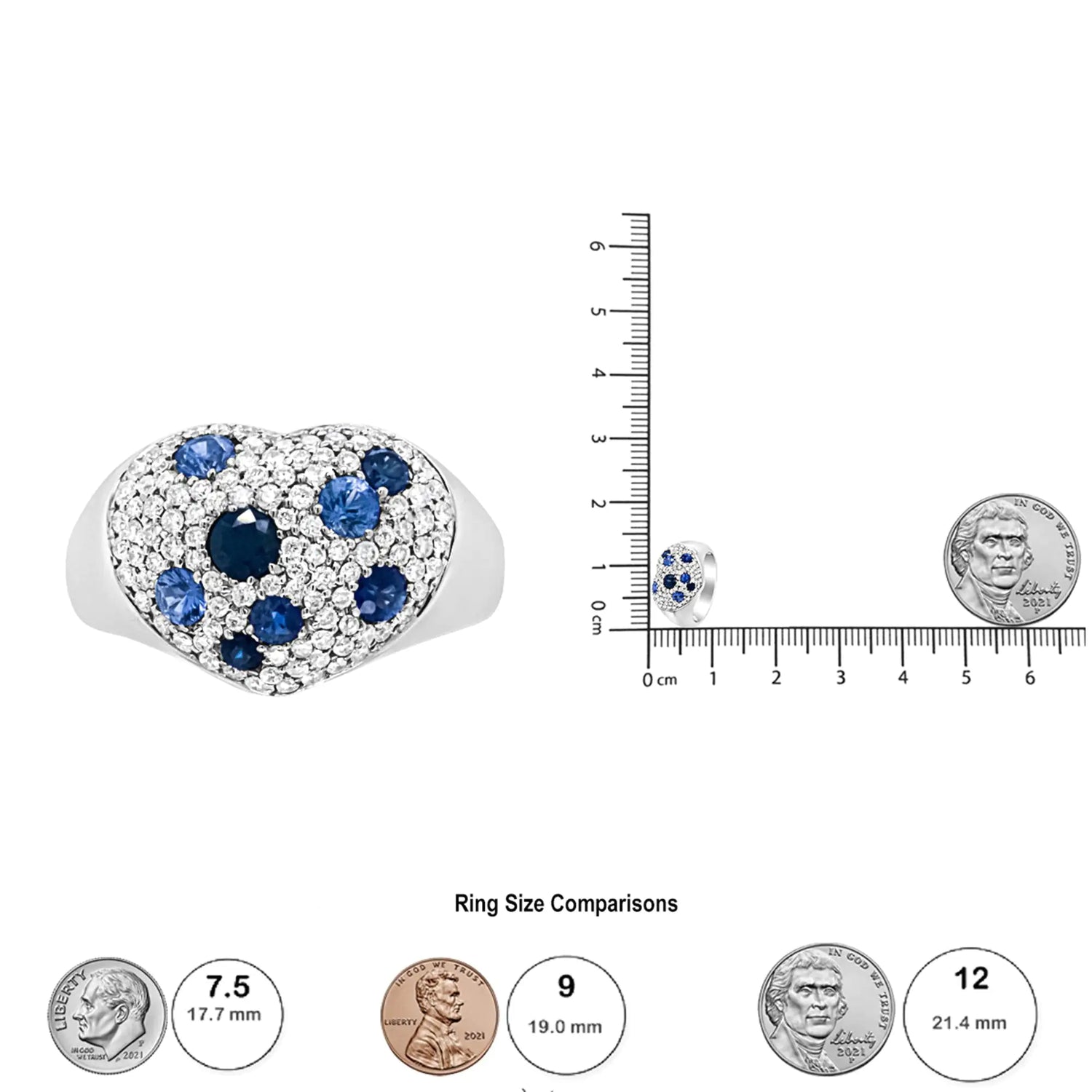 18K White Gold Blue Sapphire and 5/8 Cttw Diamond Cluster Heart Shaped  Ring (F-G Color, VS1-VS2 Clarity)