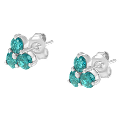 14KT White Gold Treated Blue Diamond Trio Stud Earrings (1 1/3 cttw, Blue)