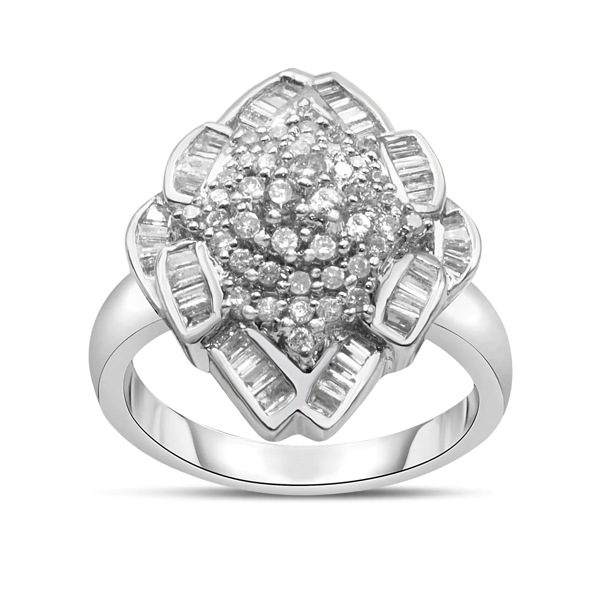 14K White Gold 7/8 Cttw Round and Baguette-Cut Diamond Cluster Ring (H-I Color, SI2-I1 Clarity)