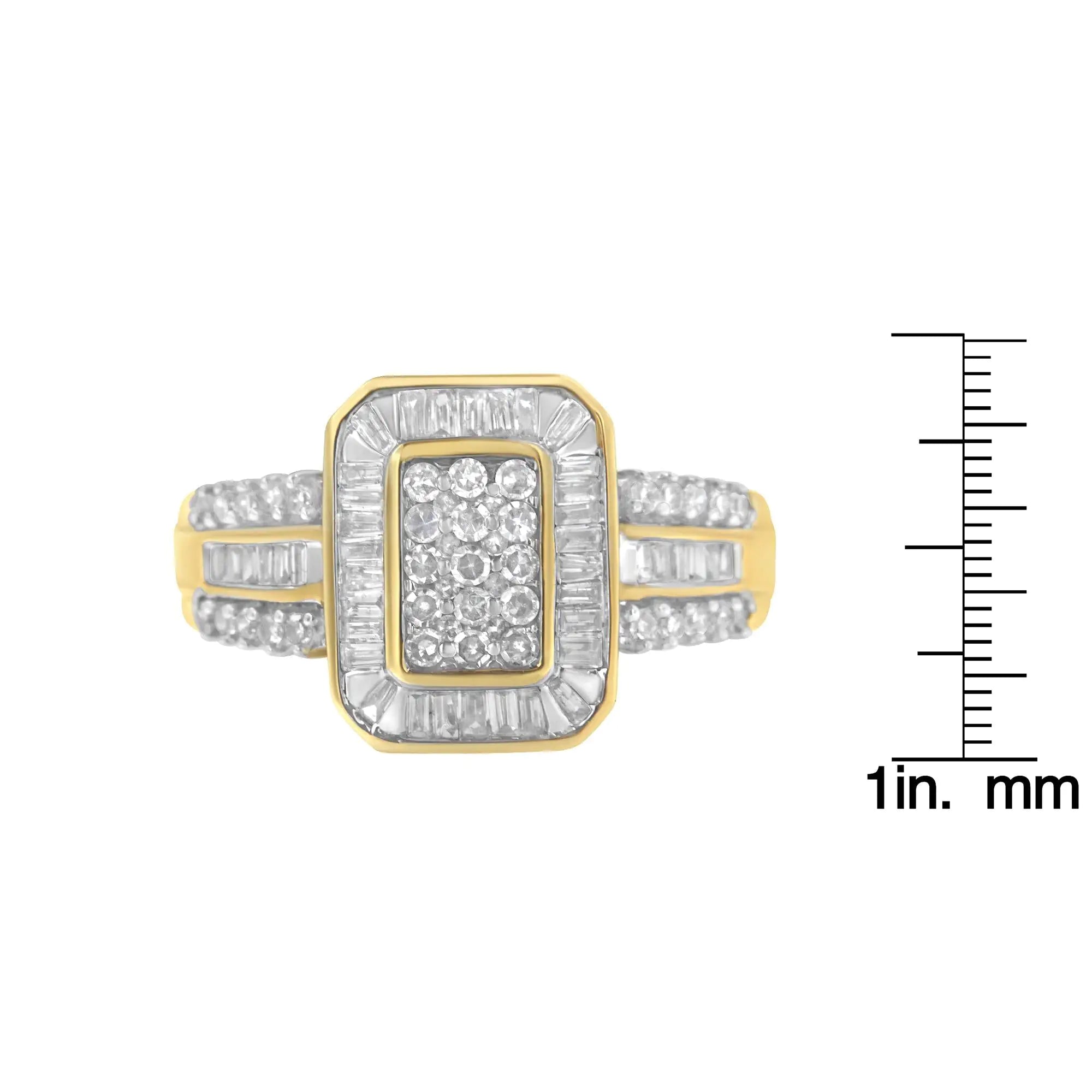 10K Yellow Gold Round and Baguette-Cut Diamond Cluster Ring (1.0 Cttw, I-J Color, SI1-SI2 Clarity)