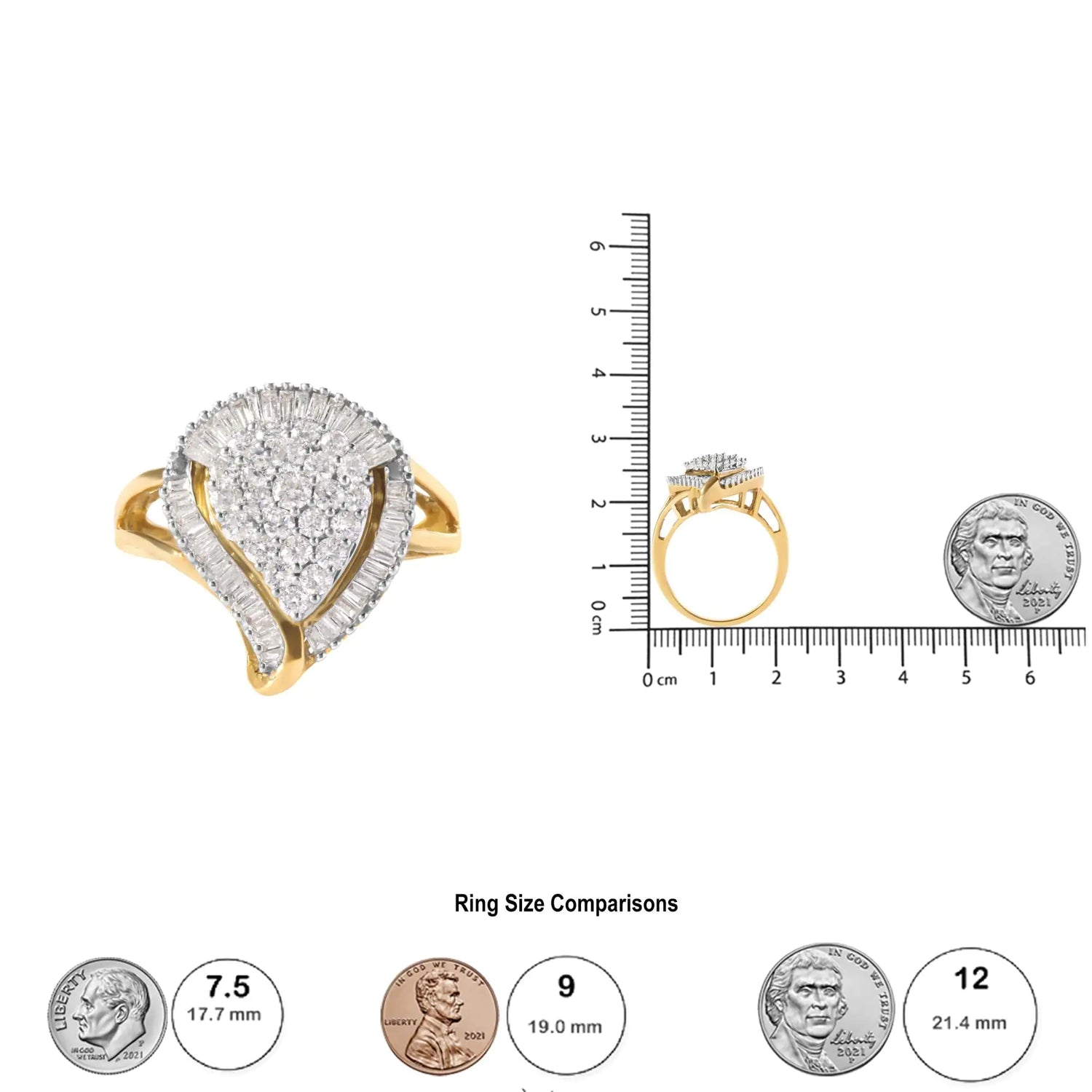 10K Yellow Gold 1 Cttw Round and Baguette Cut Diamond Ballerina Cluster Ring (H-I Color, SI2-I1 Clarity)