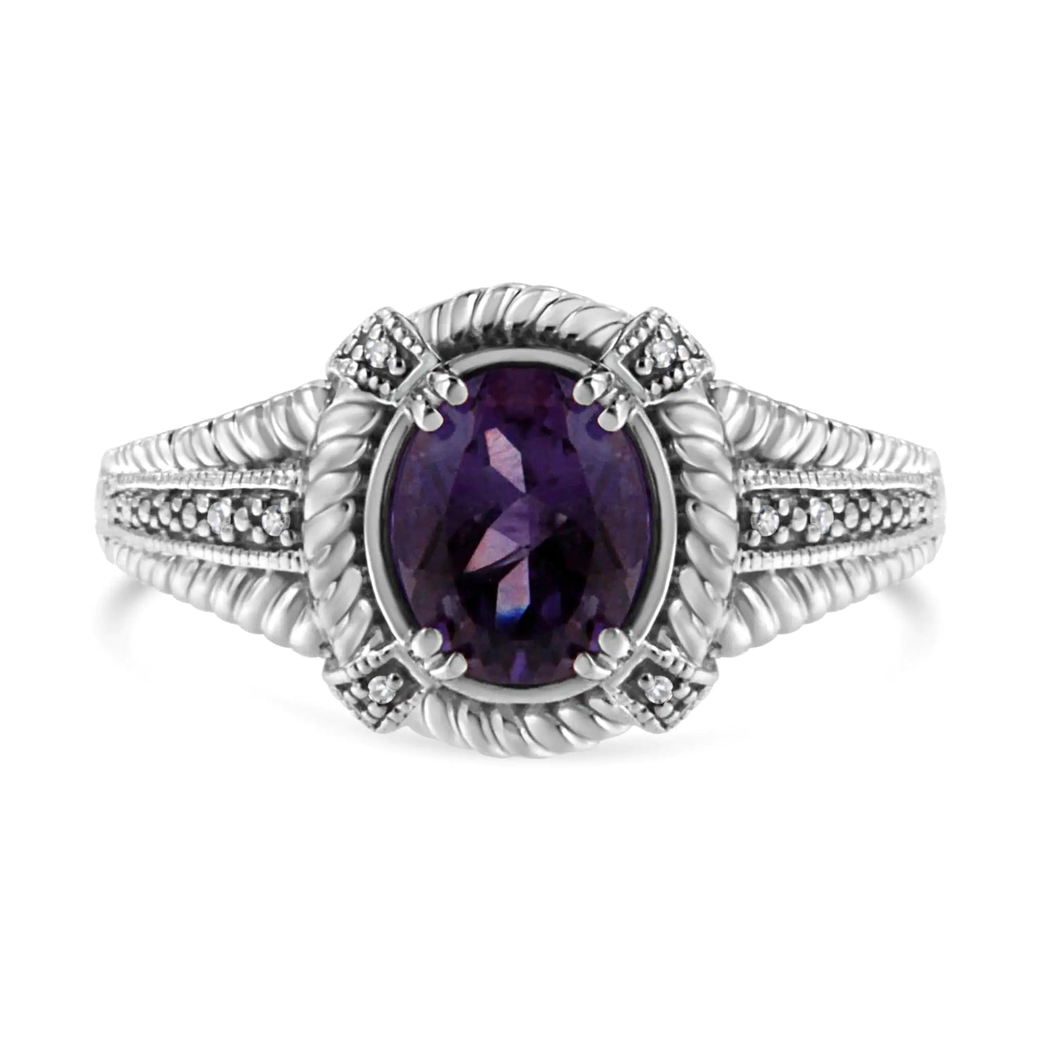 .925 Sterling Silver Prong Set Natural Oval Shape 9X7 MM Purple Amethyst Solitaire and Diamond Accent Ring (I-J Color, I1-I2 Clarity)