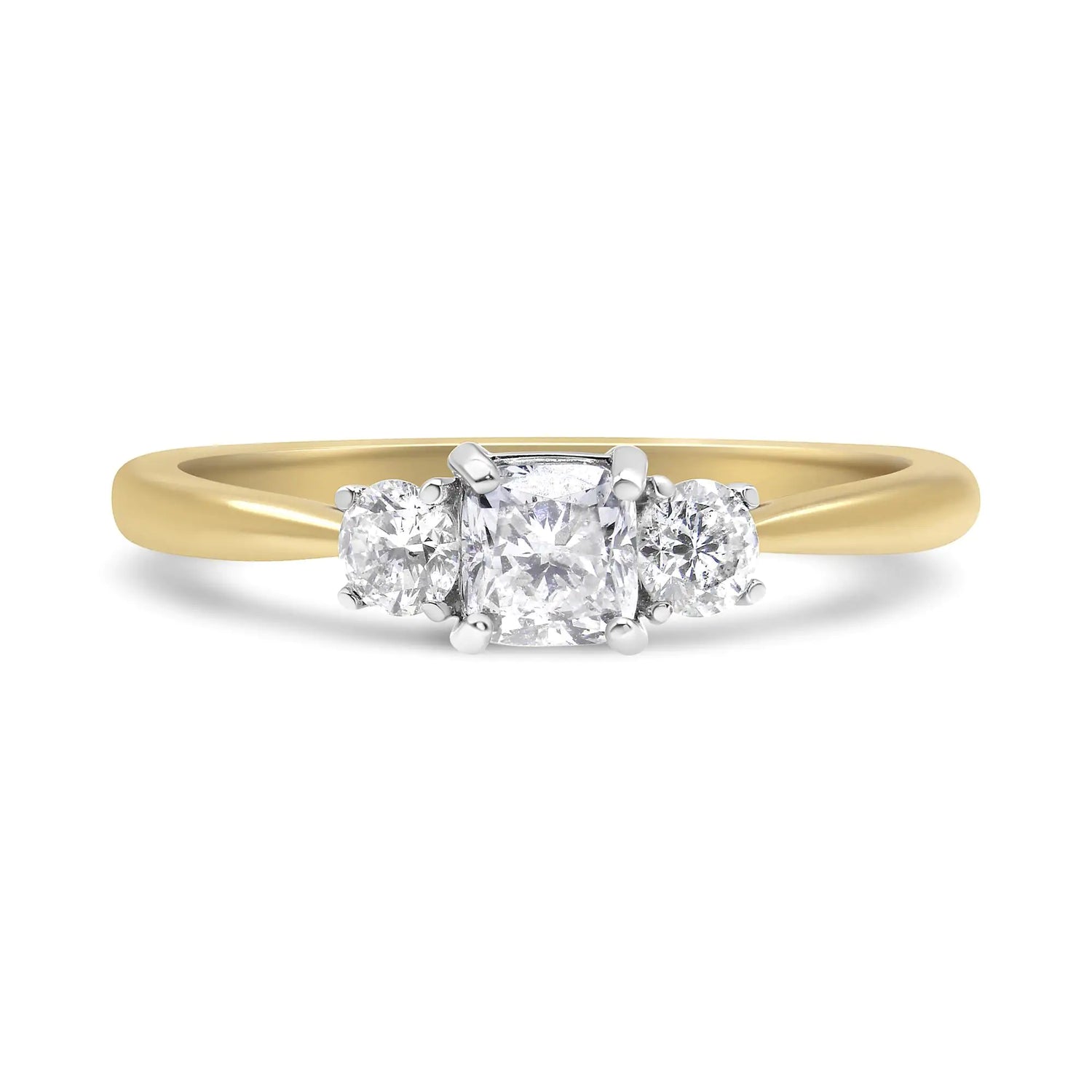 14K Yellow Gold 3/4 Cttw Cushion and Round-Cut Diamond Bostonian Style 3 Stone Engagement Ring (I-J Color, SI2-I1 Clarity)