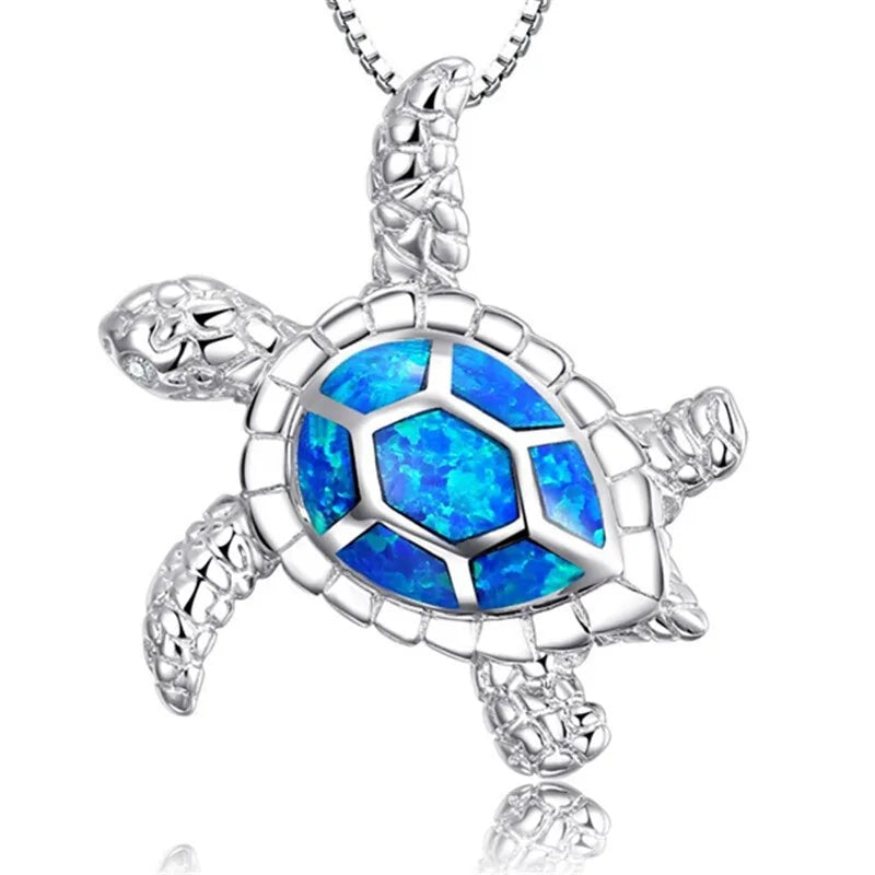 Full Blue Imitati Opal Sea Turtle Pendant Necklace