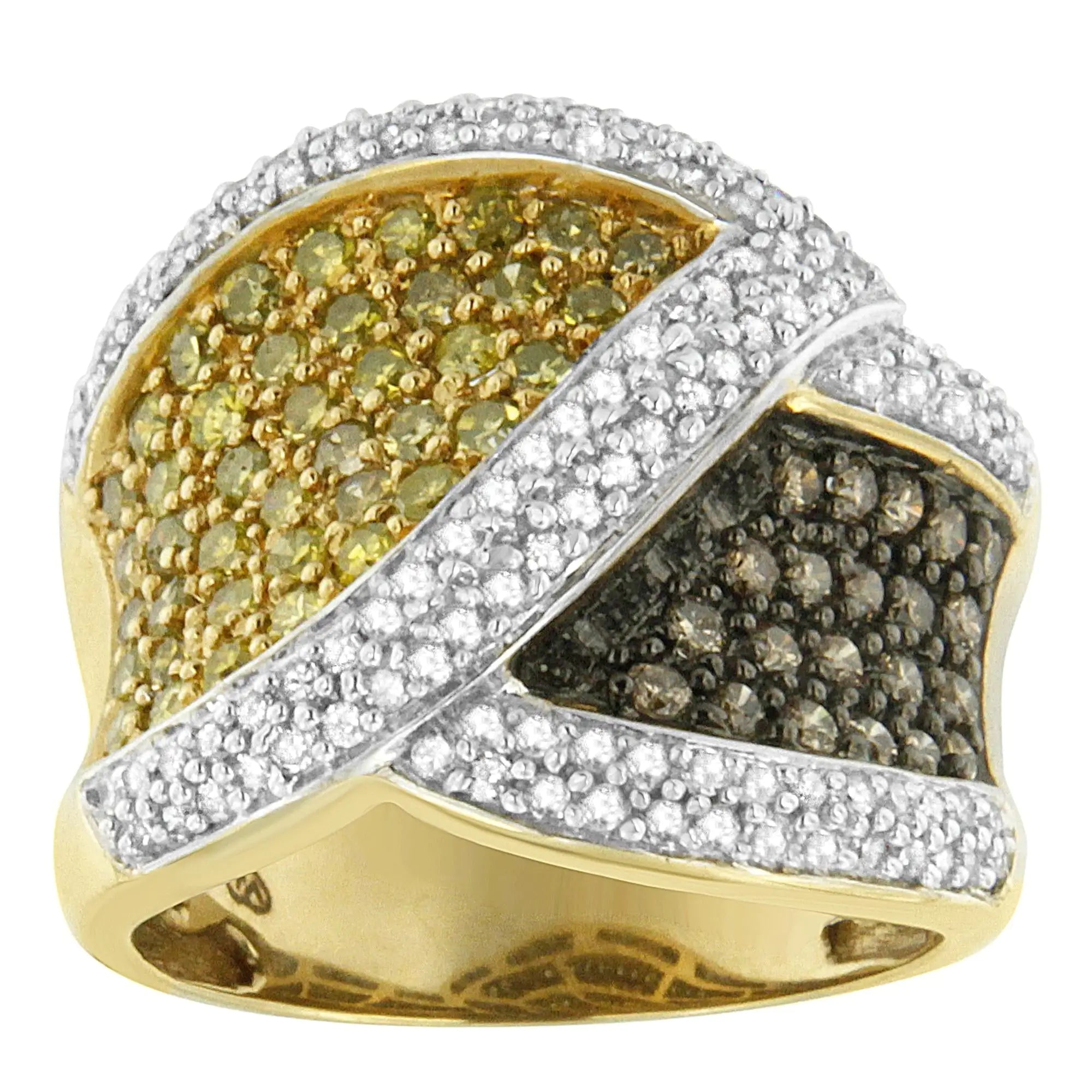 14K Yellow Gold Yellow, White, and Champagne Round-Cut Diamond Cross-over Ring (1 1/2 cttw, H-I Color, I1-I2 Clarity)