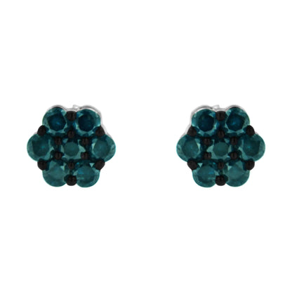 Sterling Silver Treated Blue Diamond Floral Stud Earrings (1 cttw, Blue Color, I2-I3 Clarity)