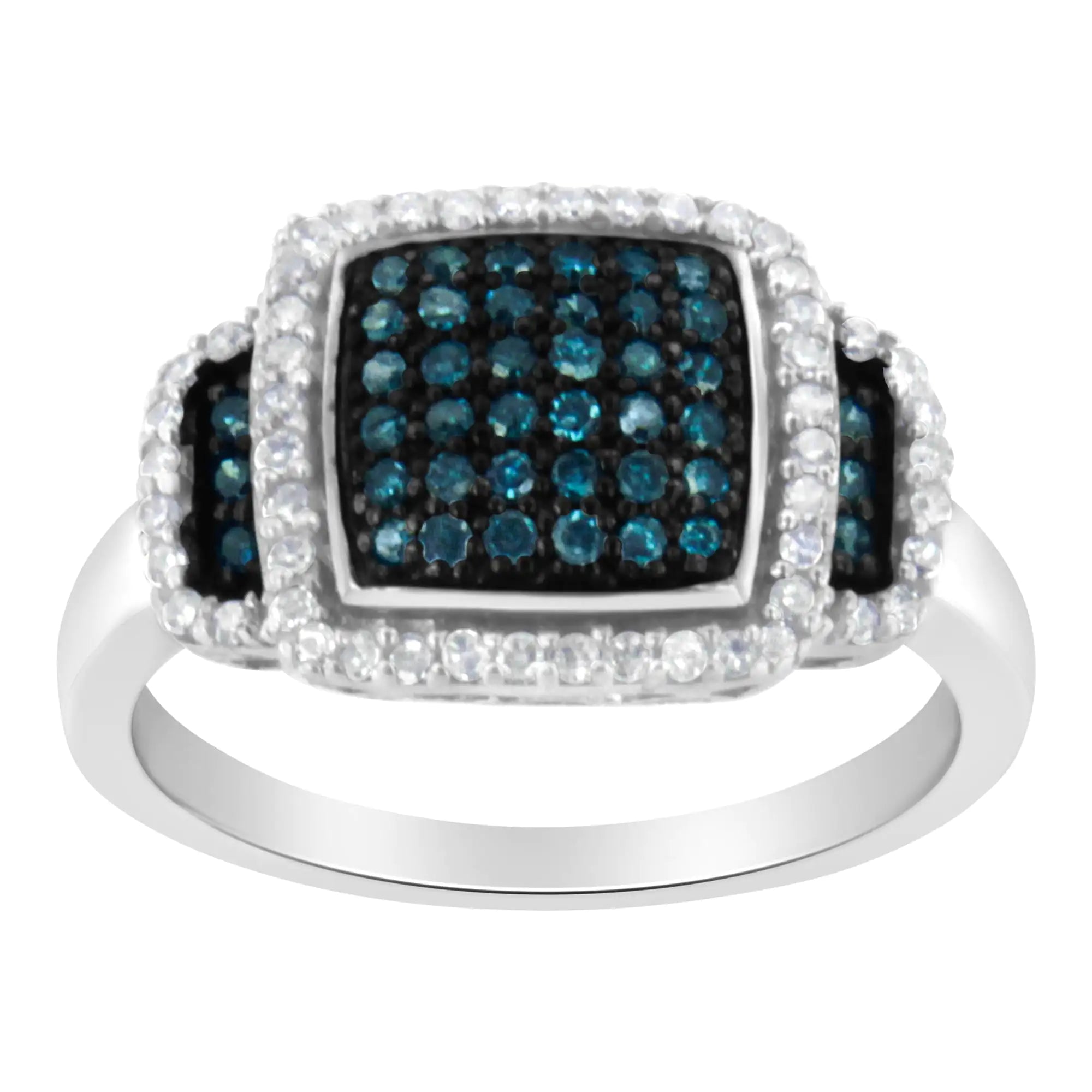 Black Rhodium Plated .925 Sterling Silver 1/2 Cttw White &amp; Blue Diamond Square Halo Cocktail Ring (Fancy Blue &amp; H-I Color, I2-I3 Clarity)