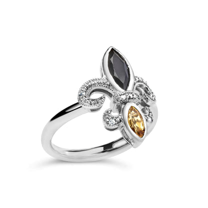 .925 Sterling Silver Black Onyx and Yellow Citrine Marquise and Diamond Accent Fleur De Lis Ring (H-I Color, SI1-SI2 Clarity)