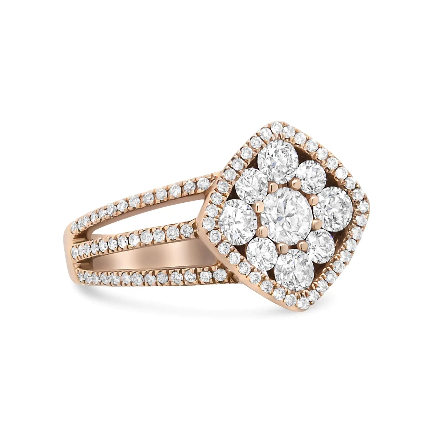 18K Rose Gold 1 1/4 Cttw Diamond Halo Cluster Split Shank Ring Band (F-G Color, VS1-VS2 Clarity)