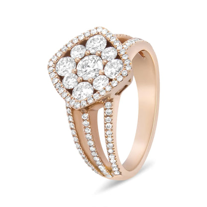 18K Rose Gold 1 1/4 Cttw Diamond Halo Cluster Split Shank Ring Band (F-G Color, VS1-VS2 Clarity)