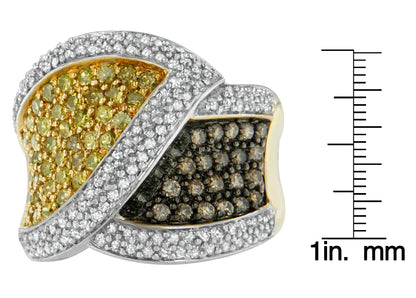 14K Yellow Gold Yellow, White, and Champagne Round-Cut Diamond Cross-over Ring (1 1/2 cttw, H-I Color, I1-I2 Clarity)