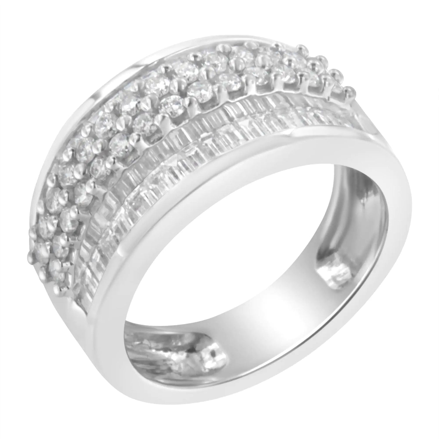 14K White Gold Round and Baguette Diamond Ring (1 1/2 Cttw, F-G Color, SI1-SI2 Clarity)