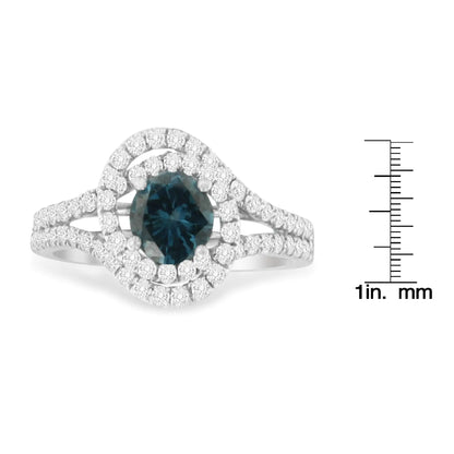 14K White Gold 1-1/3 Cttw White &amp; Blue Diamond Interweaving Double Halo Cocktail Statement Ring (G-H and Fancy Blue Color, SI2-I1 Clarity)