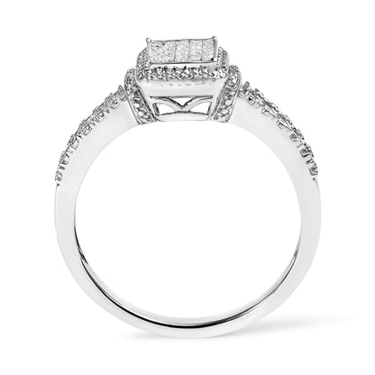 .925 Sterling Silver 1/4 Cttw Princess-cut Diamond Composite Ring with Beaded Halo (H-I Color, SI1-SI2 Clarity)